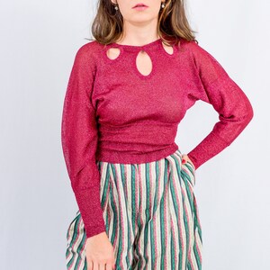 Rode partij top vintage jaren '90 brokaat metallic heldere blouse vrouwen lange reglan mouwen S / M afbeelding 4