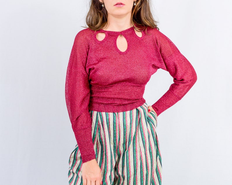 Rode partij top vintage jaren '90 brokaat metallic heldere blouse vrouwen lange reglan mouwen S / M afbeelding 4