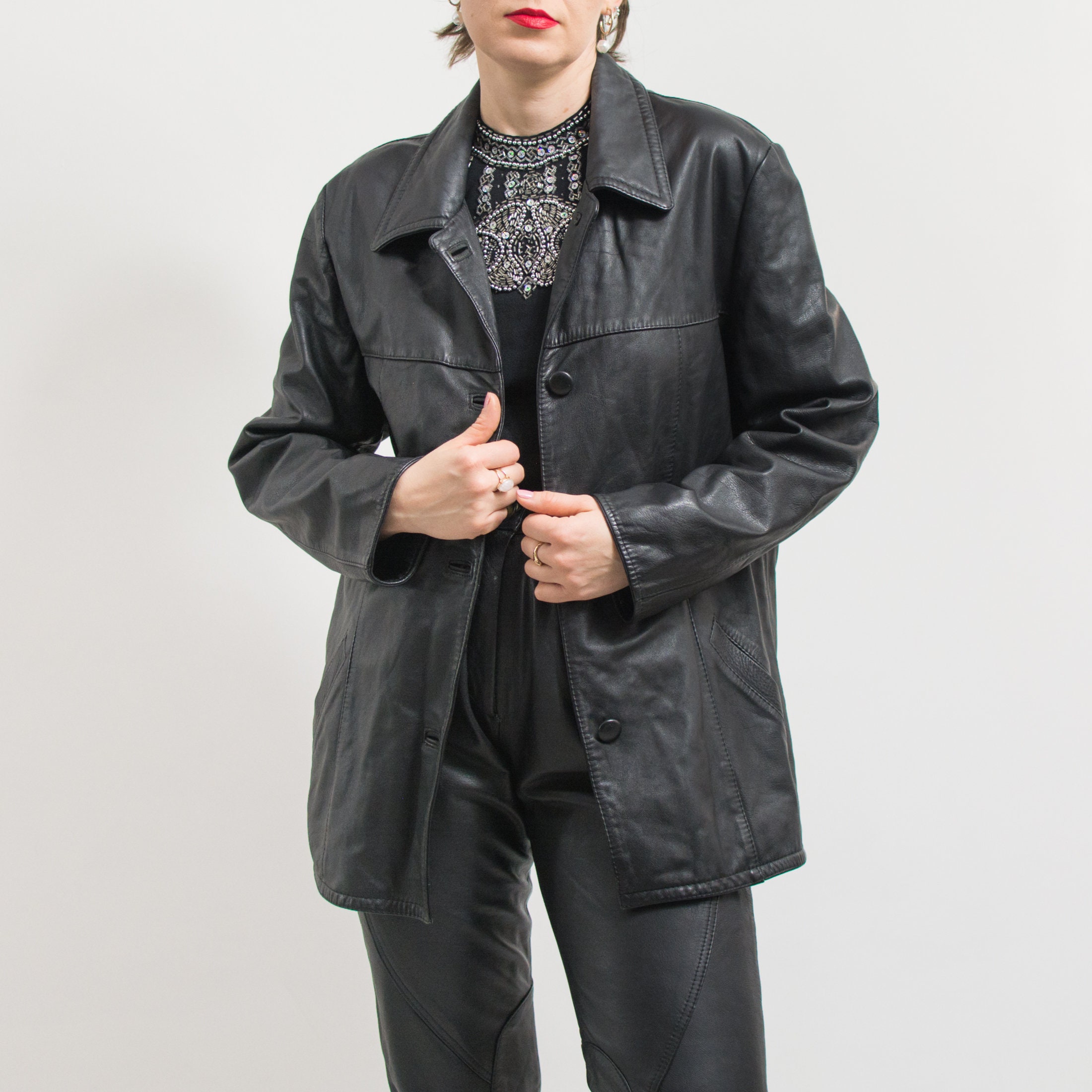 Vintage Black Leather Jacket 90's Women Size L/XL - Etsy Vintage Black Leather Jacket 90's Women Size L/XL - Etsy