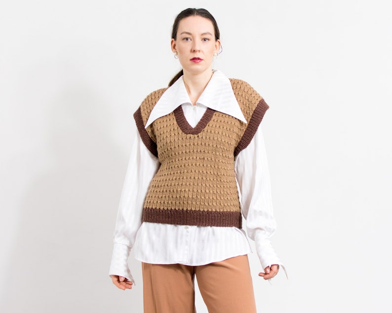 Vintage sweater vest brown V neck pullover knitted women size M image 1