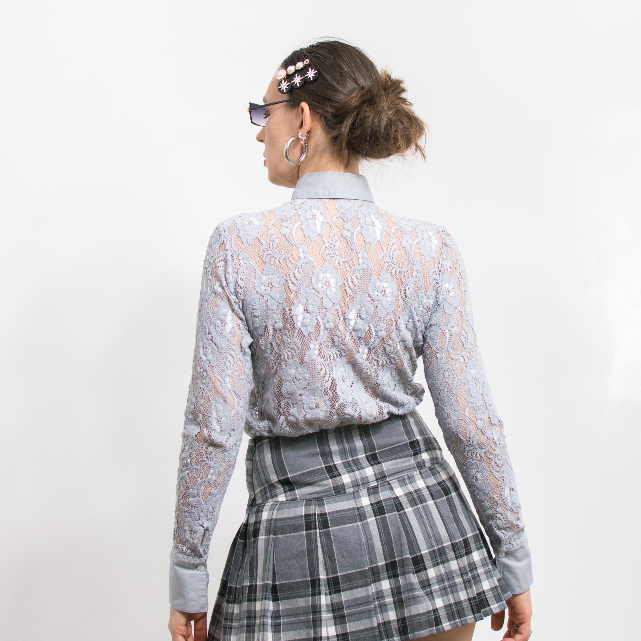 Lace Shirt Vintage Sheer Gray Top Mesh Long Sleeve Women