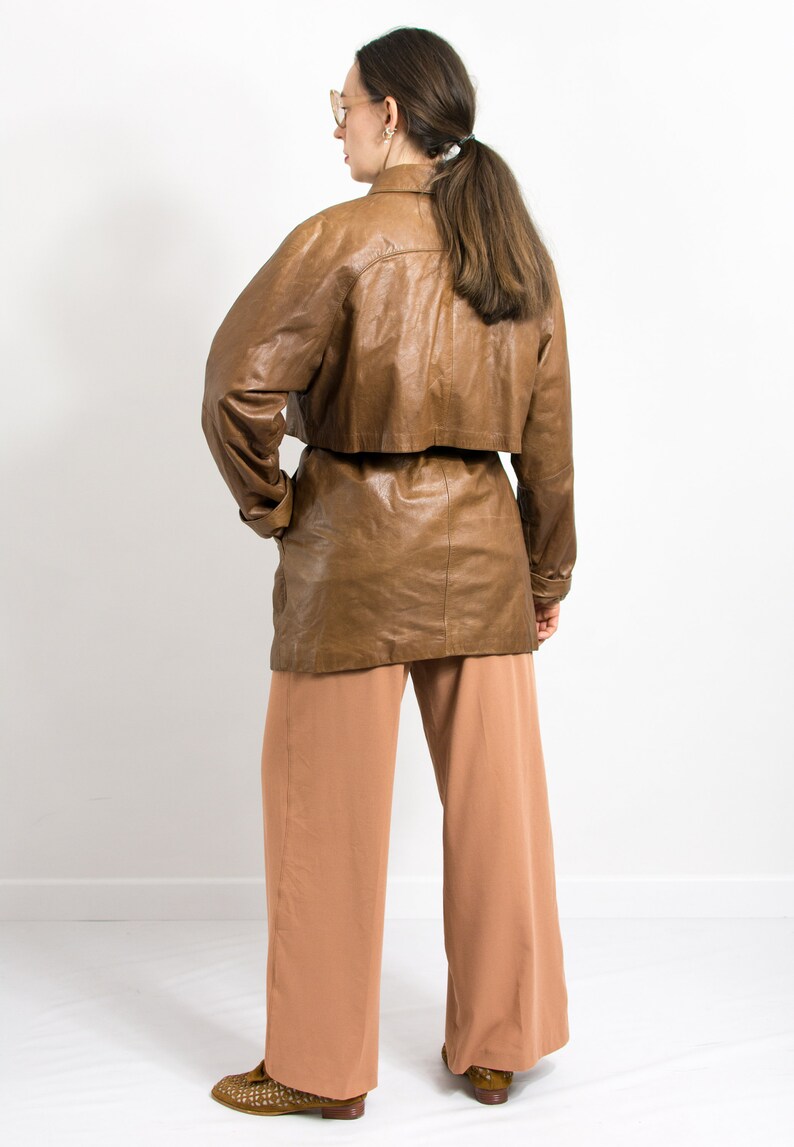 Oversized leather jacket Vintage brown belted trench coat women size M/L image 8
