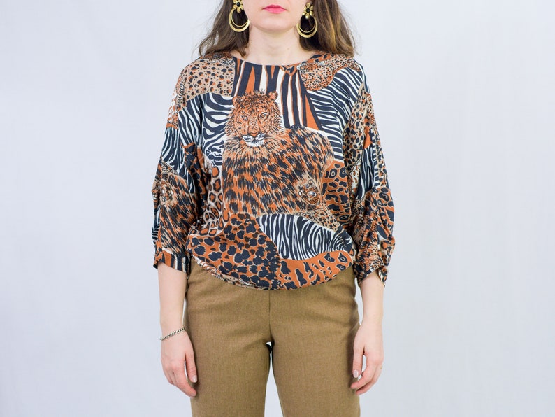 Leopard blouse animal print reglan sleeve shirt vintage oversized L-XXL image 4