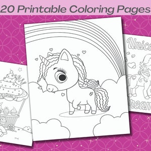 Puede incluir: Un conjunto de 20 p&aacute;ginas para colorear imprimibles con lindas ilustraciones de unicornios. Las p&aacute;ginas incluyen un unicornio con un arco&iacute;ris, un unicornio con un cupcake y un unicornio con el texto "Sue&ntilde;os de unicornio".