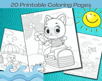 Páginas para colorear de verano - 20 páginas para colorear de verano imprimibles, cumpleaños de verano, páginas para colorear para niños, coloración de gatitos, coloración para cachorros
