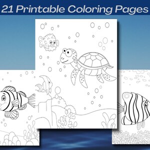 May include: A set of three black and white colouring pages featuring a sea turtle, a pufferfish, and two different types of fish. The pages are designed for children to colour.