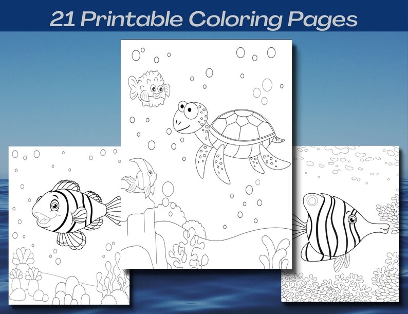 May include: A set of three black and white colouring pages featuring a sea turtle, a pufferfish, and two different types of fish. The pages are designed for children to colour.