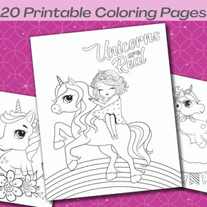 Puede incluir: Un conjunto de tres p&aacute;ginas para colorear en blanco y negro con unicornios. La primera p&aacute;gina muestra un unicornio con una ni&ntilde;a montando en su lomo. La segunda p&aacute;gina muestra un unicornio con flores. La tercera p&aacute;gina muestra un unicornio con un coraz&oacute;n en su costado. El texto "Unicorns are Real" est&aacute; escrito en la primera p&aacute;gina.