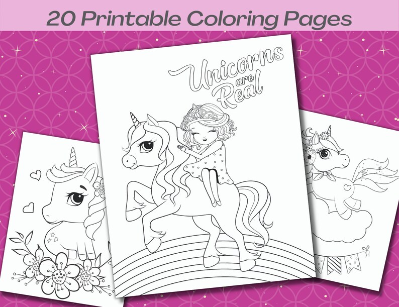 Puede incluir: Un conjunto de tres p&aacute;ginas para colorear en blanco y negro con unicornios. La primera p&aacute;gina muestra un unicornio con una ni&ntilde;a montando en su lomo. La segunda p&aacute;gina muestra un unicornio con flores. La tercera p&aacute;gina muestra un unicornio con un coraz&oacute;n en su costado. El texto "Unicorns are Real" est&aacute; escrito en la primera p&aacute;gina.