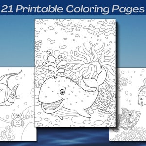 May include: Three black and white colouring pages featuring underwater sea life. The first page shows a whale swimming through coral. The second page shows a fish with a long fin. The third page shows a fish with a round body.