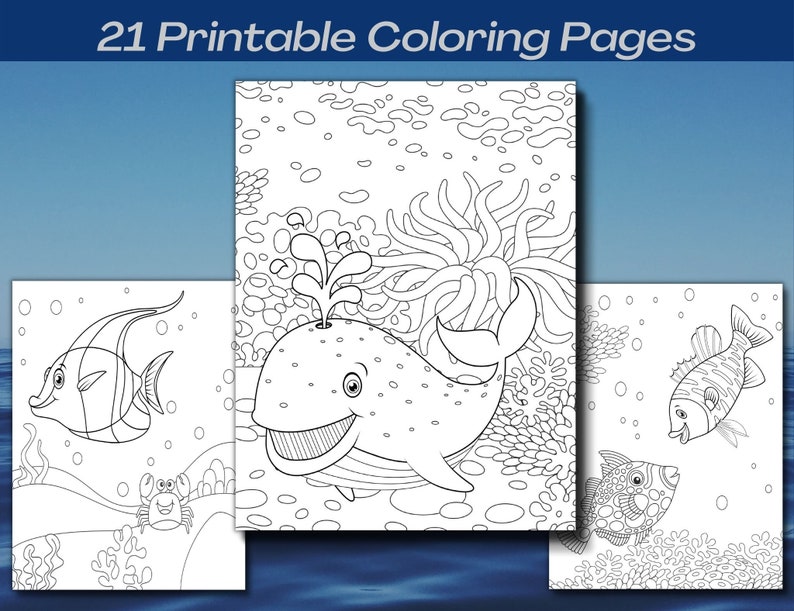 May include: Three black and white colouring pages featuring underwater sea life. The first page shows a whale swimming through coral. The second page shows a fish with a long fin. The third page shows a fish with a round body.