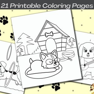以下が含まれることがあります： 犬をモチーフにした白黒の塗り絵。1ページ目は犬が輪っかを飛び越えている様子、2ページ目は犬が犬小屋で寝ている様子、3ページ目は犬がギターを弾いている様子が描かれている。