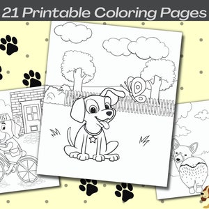 以下が含まれることがあります： 犬が描かれた白黒の塗り絵が3枚あります。1枚目は、郵便袋を持った犬が自転車に乗っている様子、2枚目は、蝶と座っている犬、3枚目は、犬のお尻を別の犬が見ている様子が描かれています。