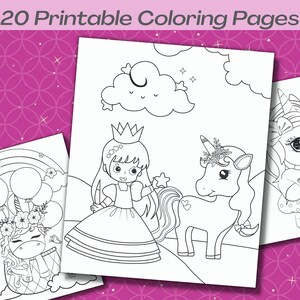 Puede incluir: Un conjunto de 20 p&aacute;ginas para colorear imprimibles con adorables unicornios y una princesa. Las p&aacute;ginas son en blanco y negro y est&aacute;n listas para ser coloreadas.