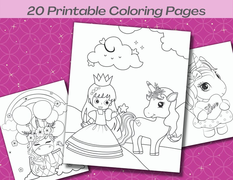 Puede incluir: Un conjunto de 20 p&aacute;ginas para colorear imprimibles con adorables unicornios y una princesa. Las p&aacute;ginas son en blanco y negro y est&aacute;n listas para ser coloreadas.