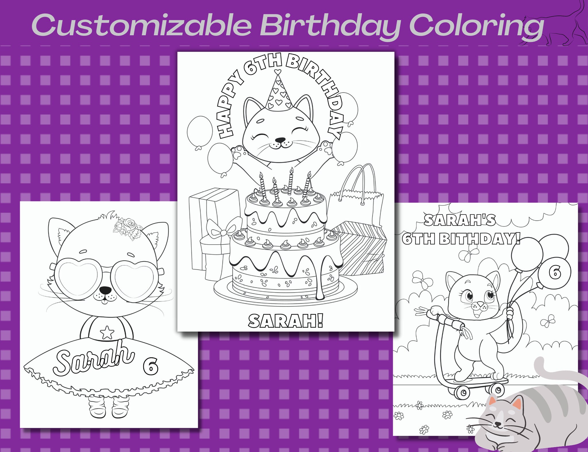 Kitten Birthday Coloring 3 Kitten Custom Coloring Page, Kitten Activity