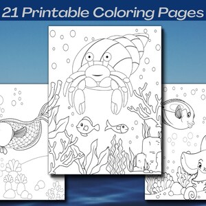 May include: A set of 21 printable colouring pages featuring underwater sea creatures. The pages include a hermit crab, a fish, a shark, and coral.