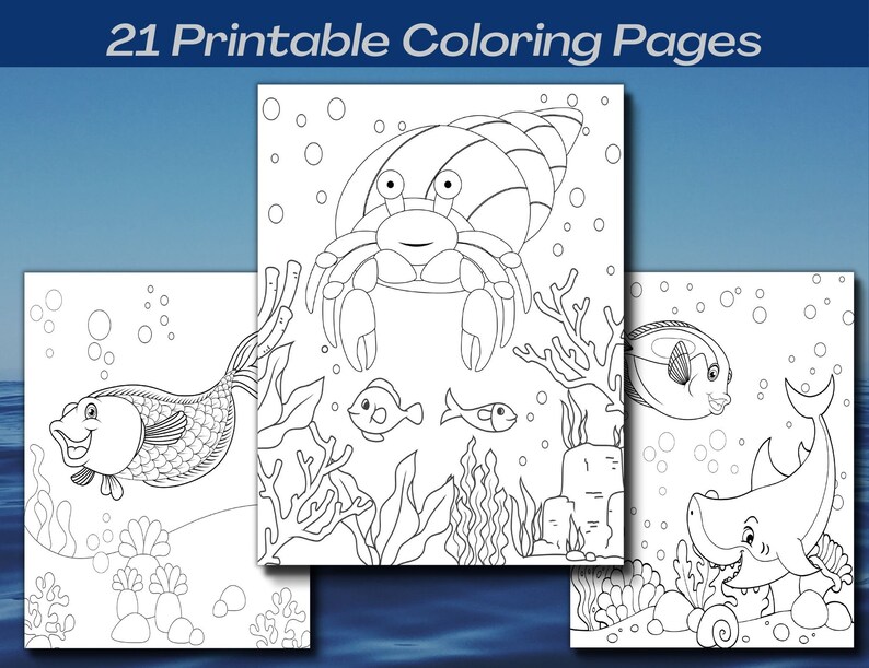 May include: A set of 21 printable colouring pages featuring underwater sea creatures. The pages include a hermit crab, a fish, a shark, and coral.