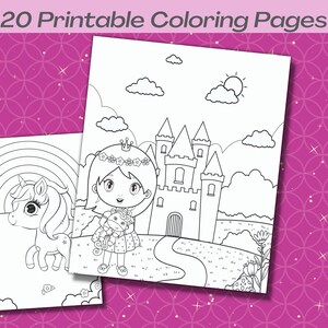 Puede incluir: Una p&aacute;gina para colorear en blanco y negro con una princesa sosteniendo un unicornio frente a un castillo. La princesa lleva una corona y una corona de flores. El castillo tiene una torre alta y un puente levadizo. Hay nubes y un sol en el cielo.