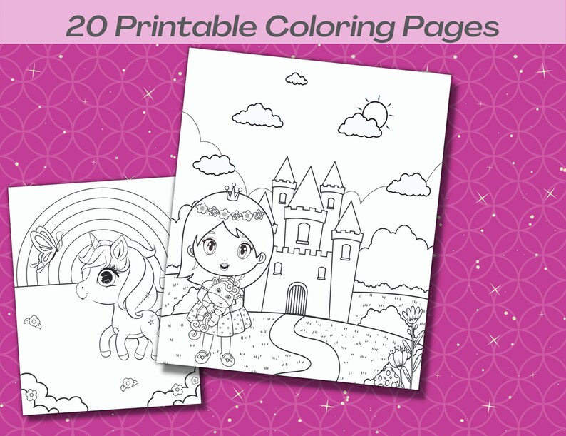 Puede incluir: Una p&aacute;gina para colorear en blanco y negro con una princesa sosteniendo un unicornio frente a un castillo. La princesa lleva una corona y una corona de flores. El castillo tiene una torre alta y un puente levadizo. Hay nubes y un sol en el cielo.