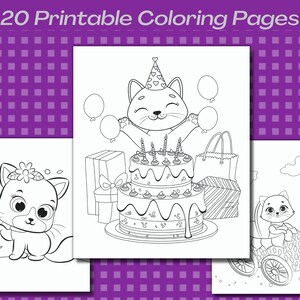 May include: Three black and white coloring pages featuring a cat wearing a party hat and holding balloons, a cat with a flower on its head, and a cat riding in a wagon.