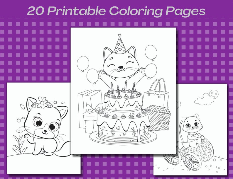 May include: Three black and white coloring pages featuring a cat wearing a party hat and holding balloons, a cat with a flower on its head, and a cat riding in a wagon.