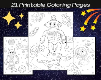 Espacio páginas para colorear - 21 páginas para colorear espacio imprimible, actividad de fiesta de cumpleaños de los niños, espacio de cumpleaños, páginas para colorear para niños