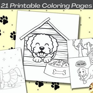 以下が含まれることがあります： 犬が様々なポーズをとっている白黒の塗り絵。1ページはドレスを着た犬、もう1ページは犬小屋にいる犬、もう1ページは骨を持った犬が描かれている。