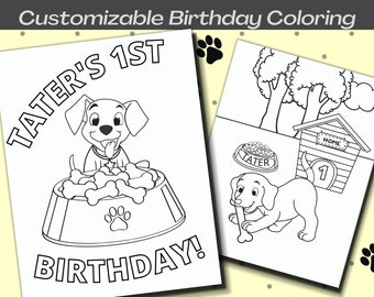 Dog Birthday Coloring - 3 Dog Custom Coloring Page, Dog Activity, Dog Birthday, Dog Birthday Party