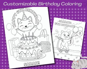 Kitten Birthday Coloring - 3 Kitten Custom Coloring Page, Actividad del gatito, Cumpleaños del gatito, Fiesta de cumpleaños de la niña