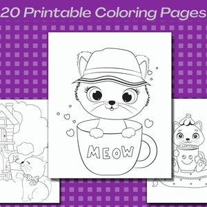 May include: A set of three black and white coloring pages featuring cute cats. The first page shows a cat in a house with a ladder. The second page shows a cat wearing a hat in a cup with the word "MEOW" on it. The third page shows a cat wearing a hat and holding a cup.