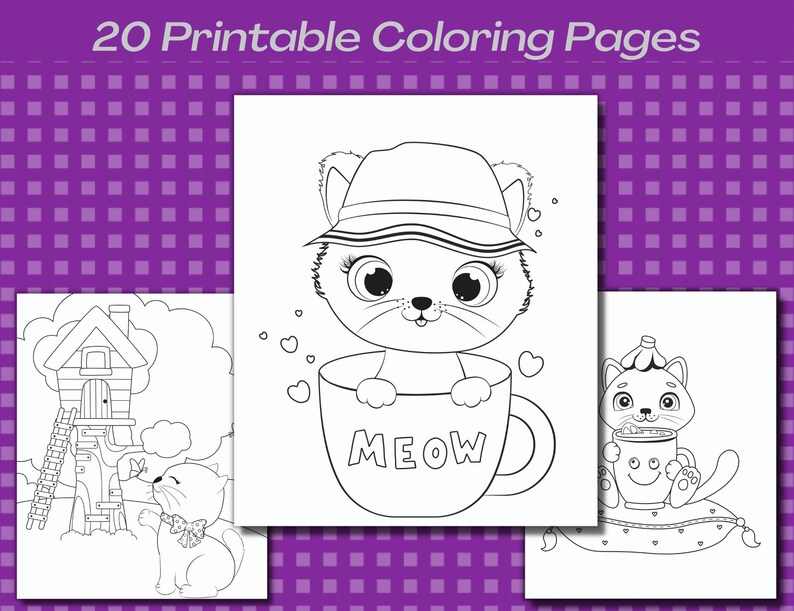 May include: A set of three black and white coloring pages featuring cute cats. The first page shows a cat in a house with a ladder. The second page shows a cat wearing a hat in a cup with the word "MEOW" on it. The third page shows a cat wearing a hat and holding a cup.