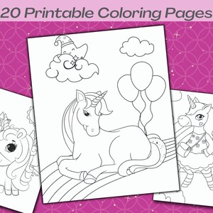 Puede incluir: Un conjunto de 20 p&aacute;ginas para colorear imprimibles con lindas unicornios en varias poses. Las p&aacute;ginas incluyen un unicornio durmiendo en una nube, un unicornio acostado en un arco&iacute;ris y un unicornio con un vestido y un bolso.