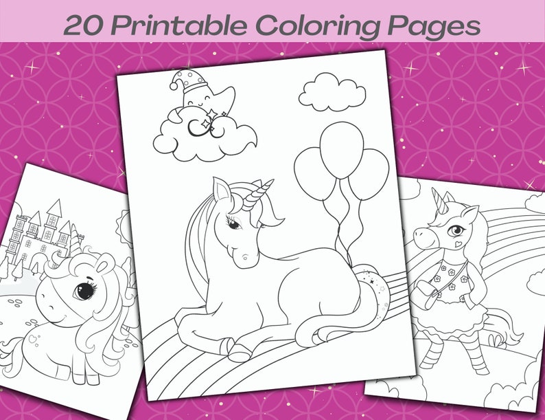 Puede incluir: Un conjunto de 20 p&aacute;ginas para colorear imprimibles con lindas unicornios en varias poses. Las p&aacute;ginas incluyen un unicornio durmiendo en una nube, un unicornio acostado en un arco&iacute;ris y un unicornio con un vestido y un bolso.
