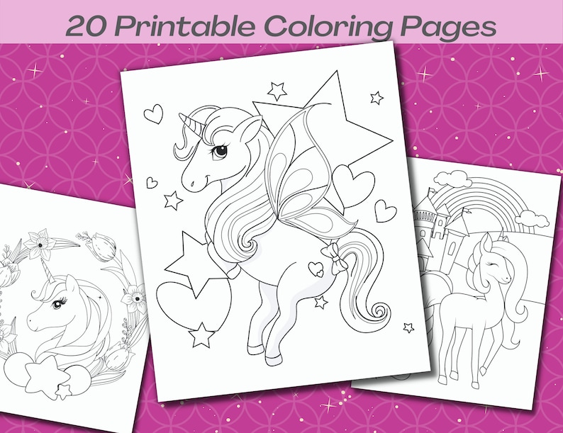 Puede incluir: Tres p&aacute;ginas para colorear en blanco y negro con unicornios. La primera p&aacute;gina muestra un unicornio con una estrella y corazones. La segunda p&aacute;gina muestra un unicornio con alas y una estrella. La tercera p&aacute;gina muestra un unicornio con un castillo y un arco&iacute;ris.