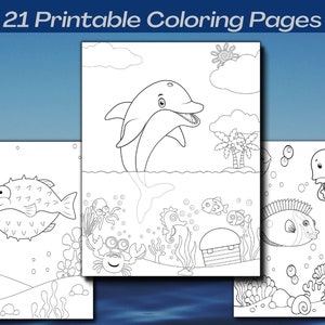 May include: A set of three black and white colouring pages featuring underwater sea life. The first page shows a pufferfish, the second page shows a dolphin, and the third page shows a jellyfish and a fish.