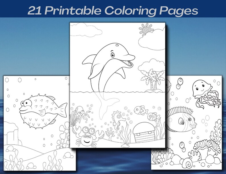 May include: A set of three black and white colouring pages featuring underwater sea life. The first page shows a pufferfish, the second page shows a dolphin, and the third page shows a jellyfish and a fish.