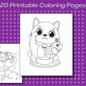 May include: Two black and white coloring pages featuring cute cartoon cats. The first page shows a cat sleeping on a flower. The second page shows a cat holding a fish.