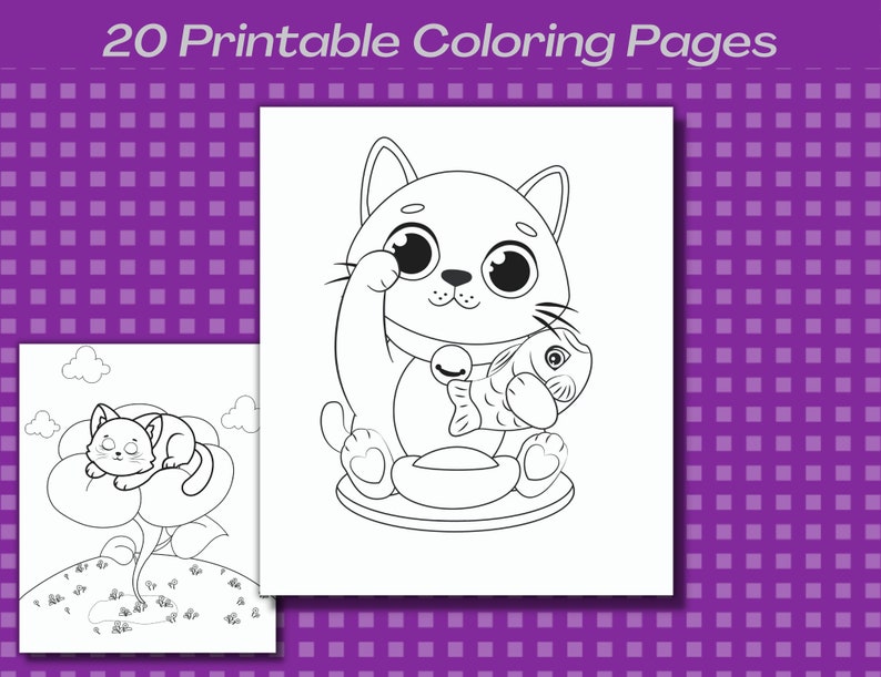 May include: Two black and white coloring pages featuring cute cartoon cats. The first page shows a cat sleeping on a flower. The second page shows a cat holding a fish.