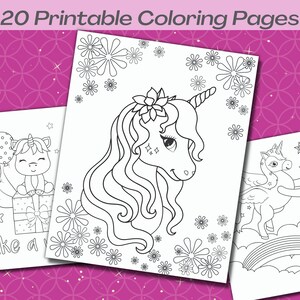 Puede incluir: Un conjunto de 20 p&aacute;ginas para colorear imprimibles con lindas ilustraciones de unicornios. Las p&aacute;ginas incluyen un unicornio con globos, un unicornio con flores y un unicornio volando sobre un arco&iacute;ris. El texto "Make a Wish" est&aacute; incluido en una de las p&aacute;ginas.