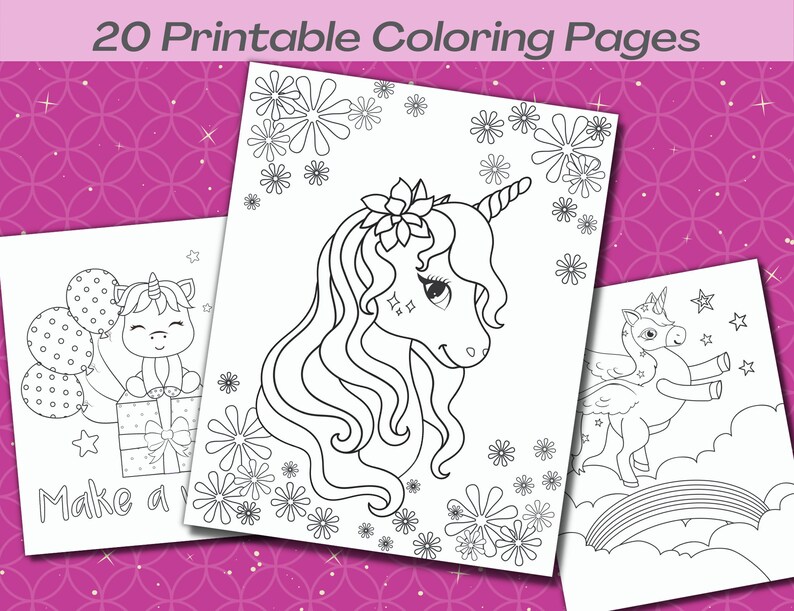 Puede incluir: Un conjunto de 20 p&aacute;ginas para colorear imprimibles con lindas ilustraciones de unicornios. Las p&aacute;ginas incluyen un unicornio con globos, un unicornio con flores y un unicornio volando sobre un arco&iacute;ris. El texto "Make a Wish" est&aacute; incluido en una de las p&aacute;ginas.