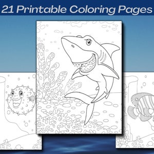 May include: Black and white colouring pages featuring a shark, a pufferfish, a seahorse, and a fish with stripes. The pages are part of a set of 21 printable colouring pages.