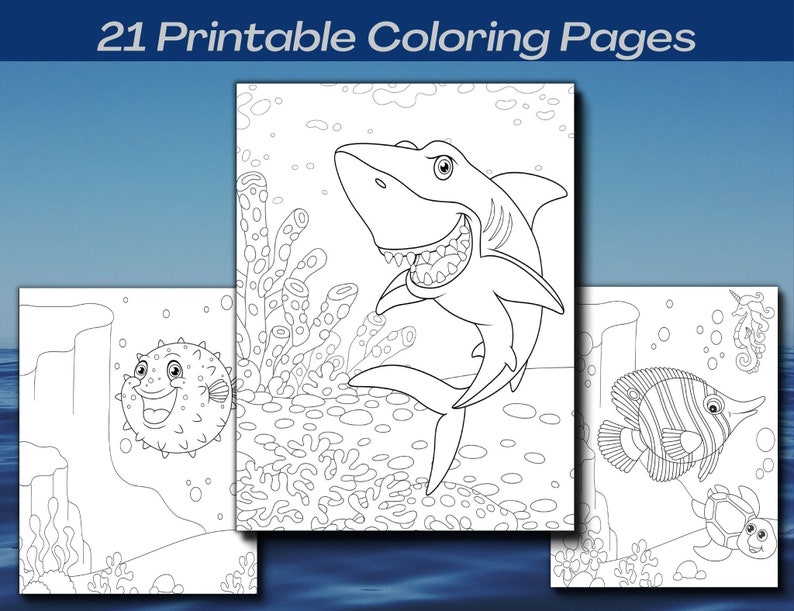 May include: Black and white colouring pages featuring a shark, a pufferfish, a seahorse, and a fish with stripes. The pages are part of a set of 21 printable colouring pages.