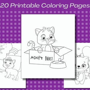 May include: Three black and white coloring pages featuring cute cartoon cats. The first page shows a cat wearing a flower crown and sitting on a rock. The second page shows a cat wearing a bow and sitting in a box with the words "Adopt Me!" on the side. The third page shows a cat wearing a bow and holding a heart-shaped balloon.