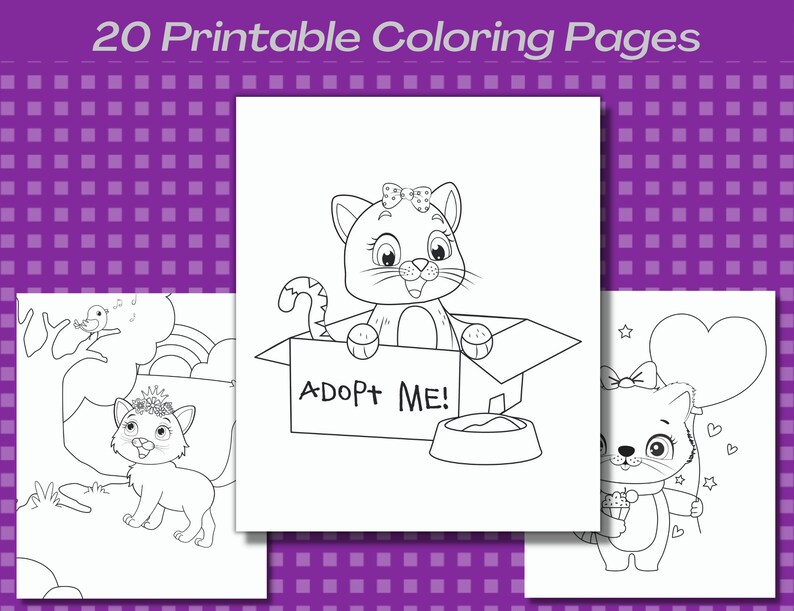May include: Three black and white coloring pages featuring cute cartoon cats. The first page shows a cat wearing a flower crown and sitting on a rock. The second page shows a cat wearing a bow and sitting in a box with the words "Adopt Me!" on the side. The third page shows a cat wearing a bow and holding a heart-shaped balloon.