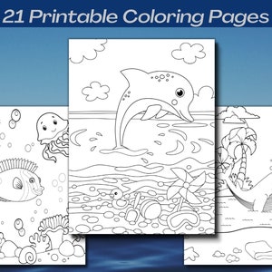 May include: A set of 21 printable colouring pages featuring ocean-themed illustrations. The pages include a dolphin jumping out of the water, a whale swimming near a palm tree, and a variety of fish and sea creatures.