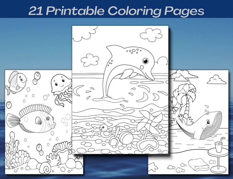 May include: A set of 21 printable colouring pages featuring ocean-themed illustrations. The pages include a dolphin jumping out of the water, a whale swimming near a palm tree, and a variety of fish and sea creatures.