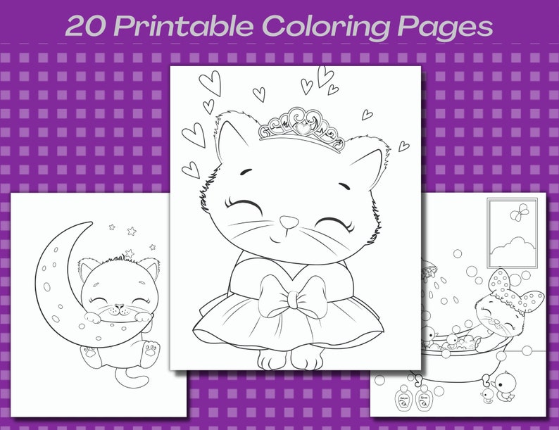 May include: A set of 20 printable coloring pages featuring cute cartoon cats in various scenes. The pages include a cat sleeping on a crescent moon, a cat wearing a crown and dress, and a cat taking a bath.