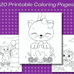 May include: A set of three black and white coloring pages featuring cute cartoon cats. The first page shows a cat riding a scooter, the second page shows a cat peeking out of a mug, and the third page shows a cat wearing a hat and sitting on a hill.