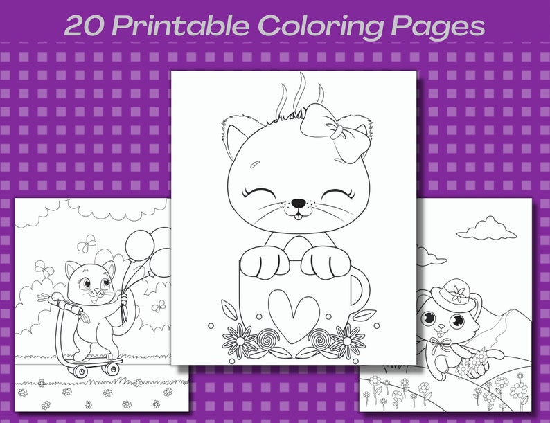 May include: A set of three black and white coloring pages featuring cute cartoon cats. The first page shows a cat riding a scooter, the second page shows a cat peeking out of a mug, and the third page shows a cat wearing a hat and sitting on a hill.